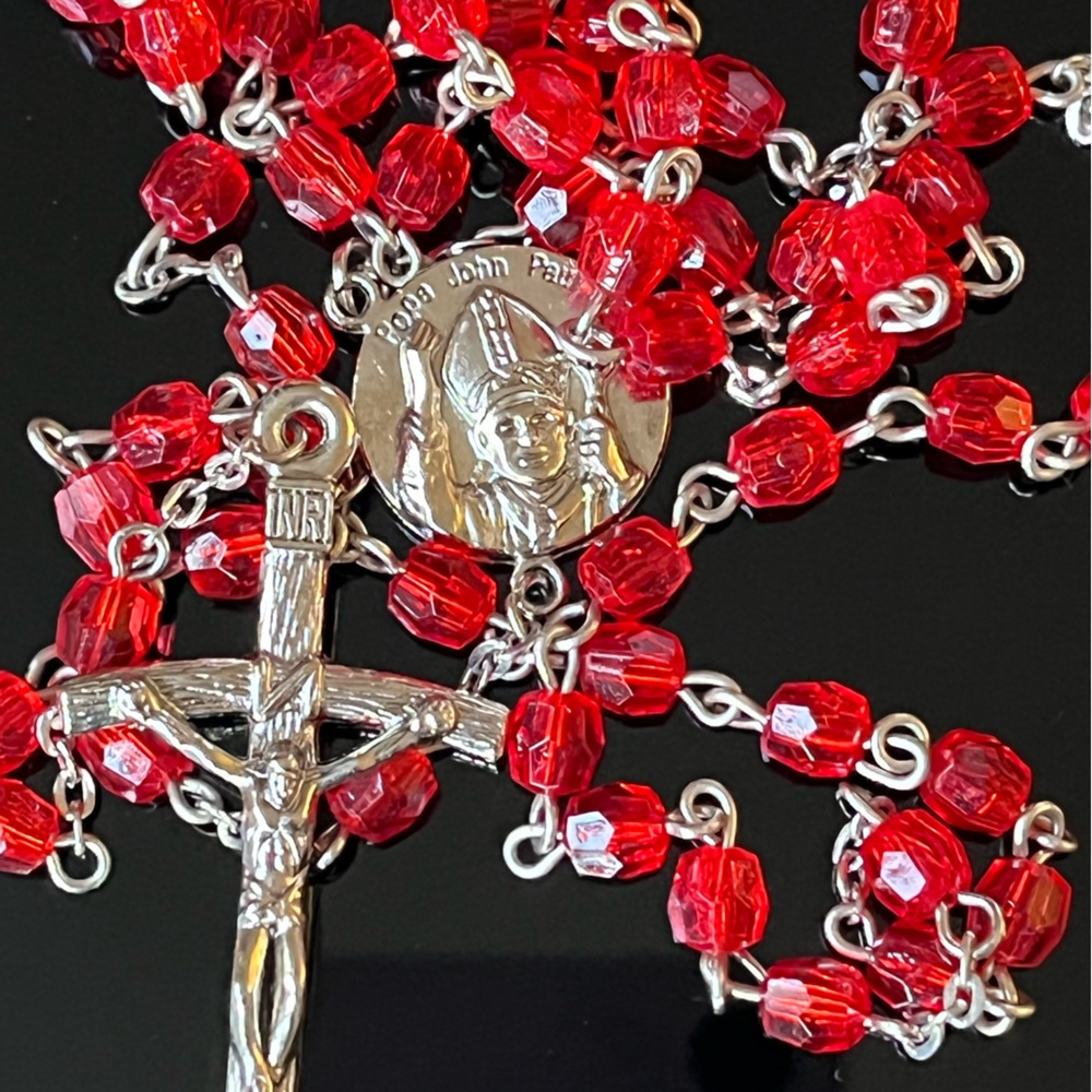 Elegant Silver and Red Rosary Necklace
